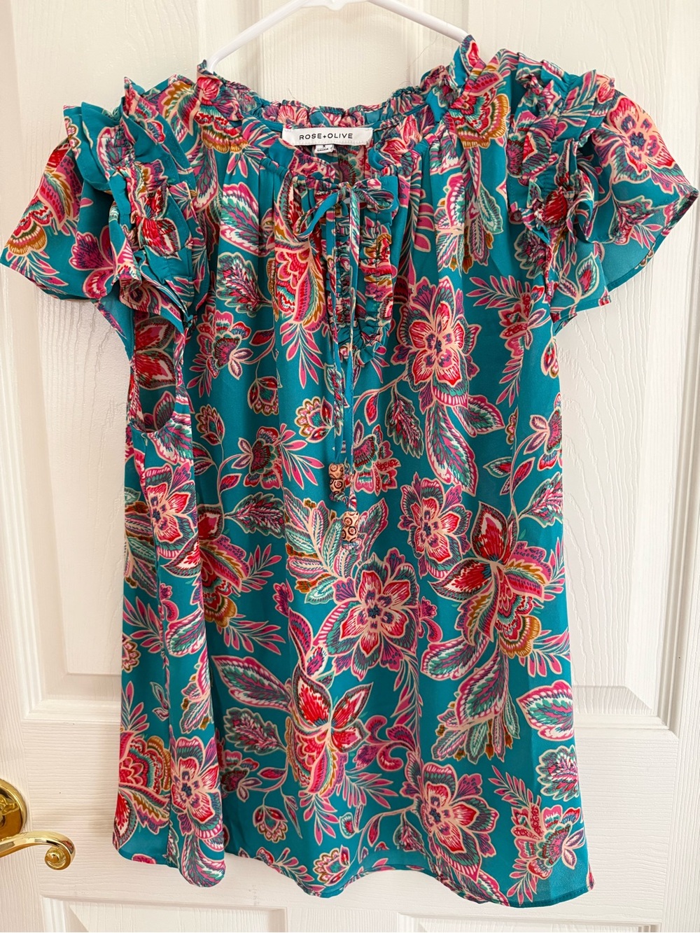 Rose & Olive Teal Floral Tie-Neck Ruffle Sleeve Tunic
